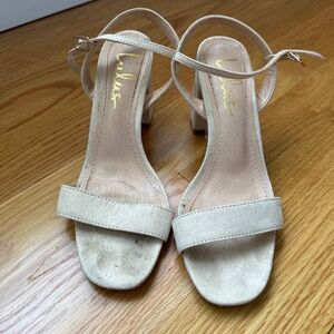 Lulus Arylee light nude suede ankle strap heels